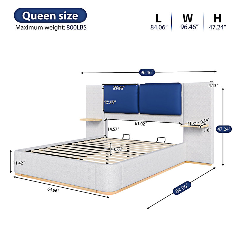 Upholstered Platm Bed With Panel, Gray/Blue, Queen