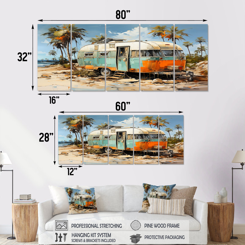 Pop Art Coastal Camping Van - Camping Travel 5 Piece Wall Art For Living Room, 28" H x 60" W
