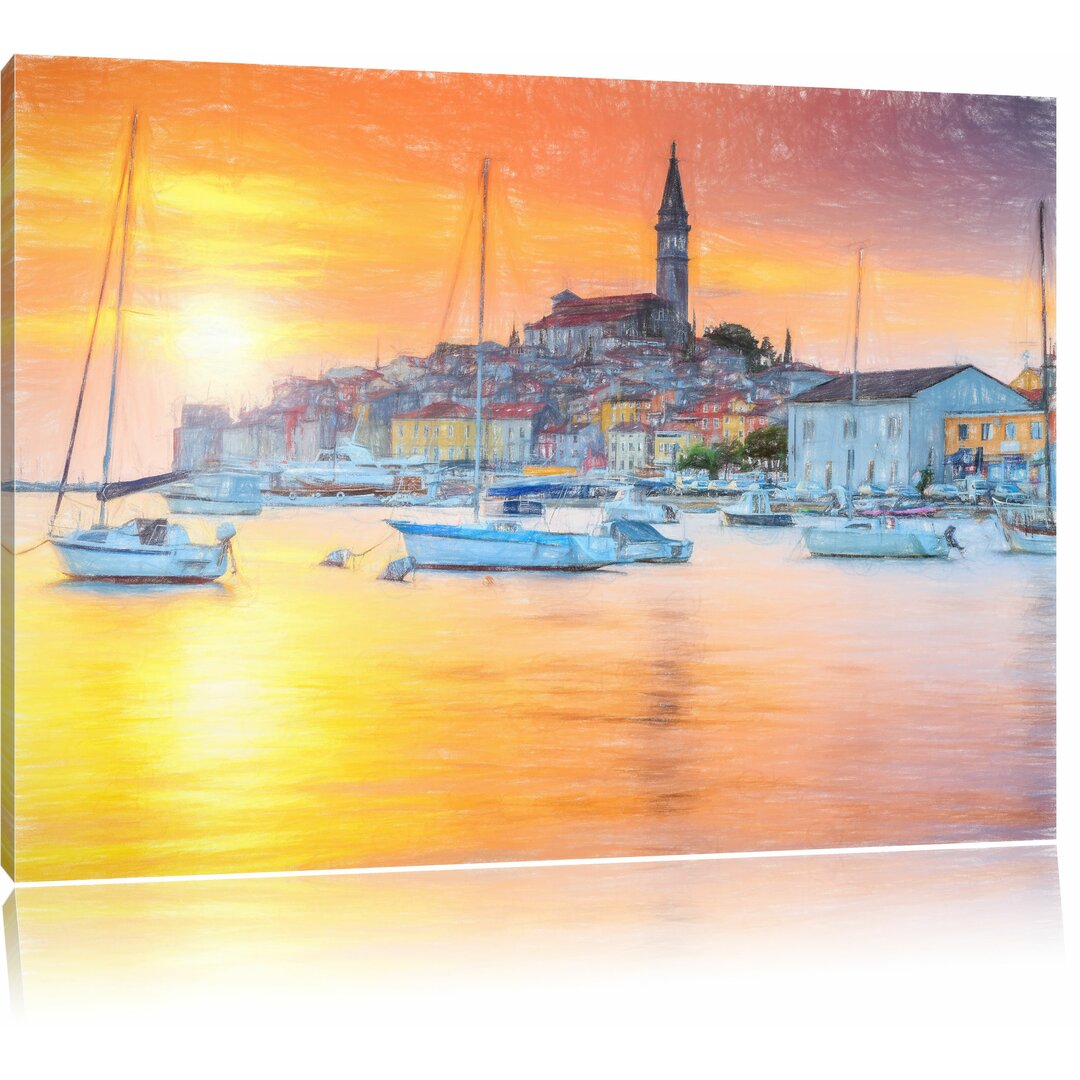 Leinwandbild „Kroatische Hafenstadt bei Sonnenuntergang“, Grafikdruck