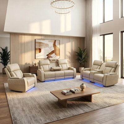 Ensemble de meubles de salon, canapé modulaire inclinable électrique 3 pièces avec lumières DEL, ensemble de canapé en cuir, canapé inclinable pour salon, cinéma maison, bureau, beige