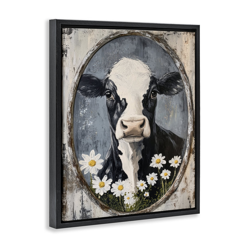 Cadre flottant Portrait de vache vieilli, design par Petal Prints Design, Cadre flottant noir de jais, H 21 po x l 17 po