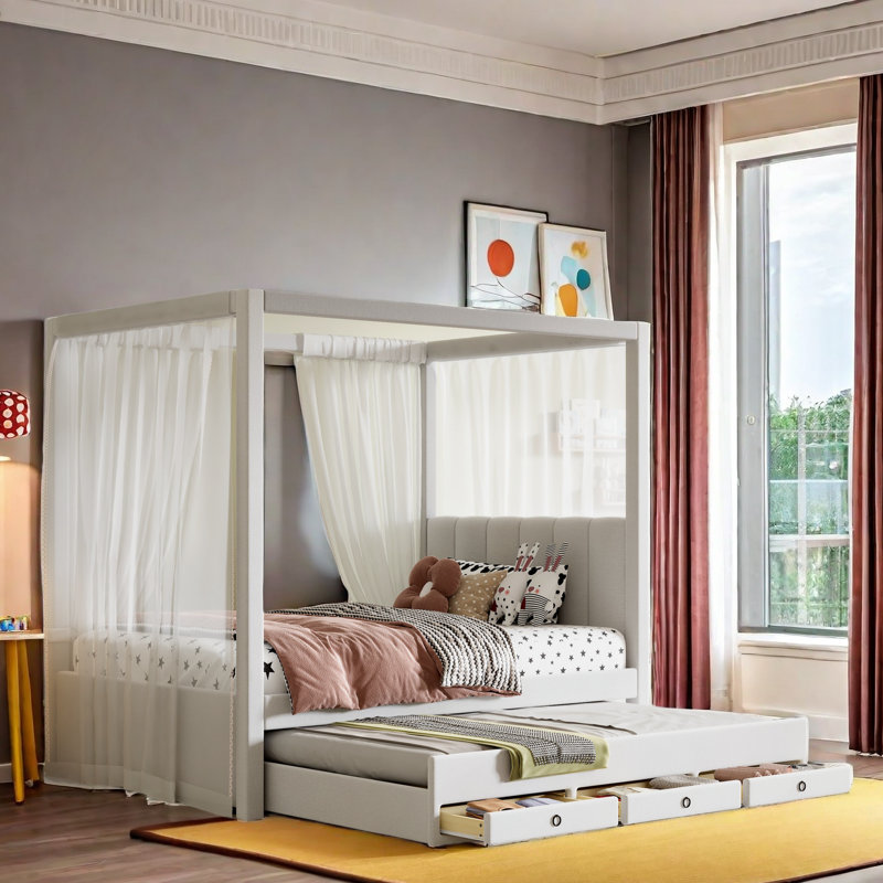 Ernie Upholstered Canopy Storage Bed, Twin, Beige