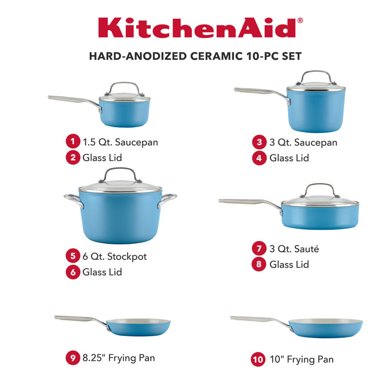 Ensemble 10 pièces KitchenAid à anodisation dure - pistache, Bleu