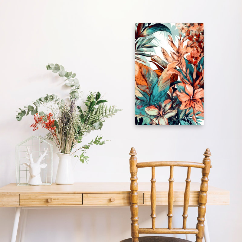Impression sur toile orange, bleu sarcelle, fleurs tropicales, fleurs abstraites, H 24 po x l 16 po
