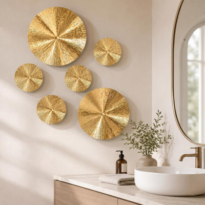 Modern Boho Gold Sunburst Iron Wall Decor 6 Pack, Dual Sizes 9.6In & 5.9In Metal Geometric Wall Sculptures, Elegant Wall Hangings For Living Space Bedroom Office Decoration