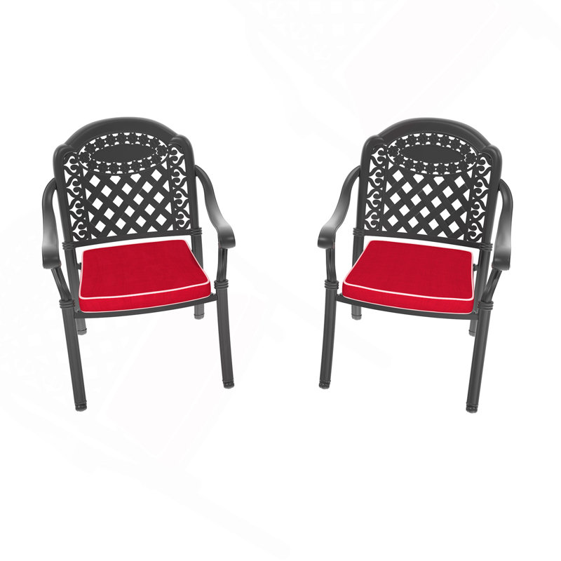 Chaise de patio en fonte d'aluminium 2 pièces avec structure noire et coussins rouges, 2, Rouge