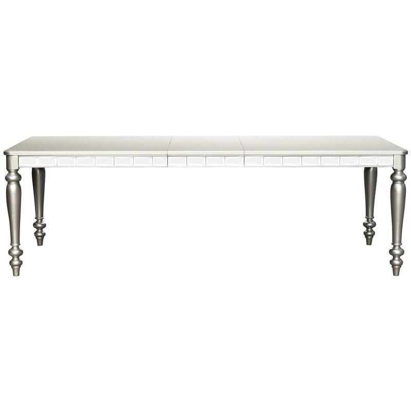 Table rectangulaire argentée pour salle à manger avec miroir garni de garniture argentée et capacité de siège 6