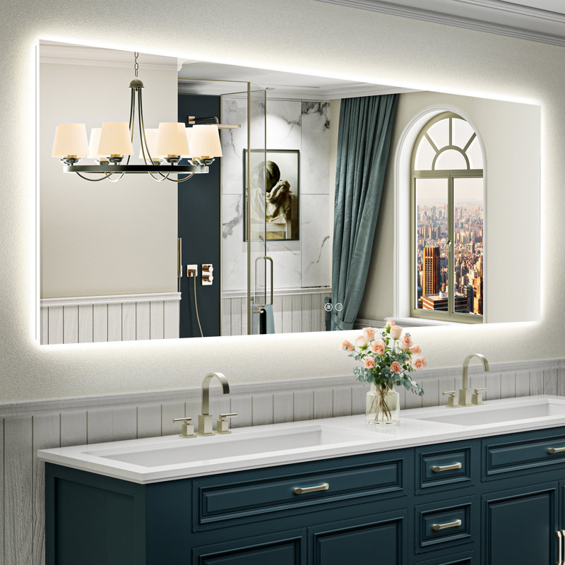 Bathroom LED Mirror with Backlit, Anti Fog Lighted Vanity Mirror with Stepless Dimmable, ETL Listed, IP54 Waterproof, CRI90+, HD Tempered Glass