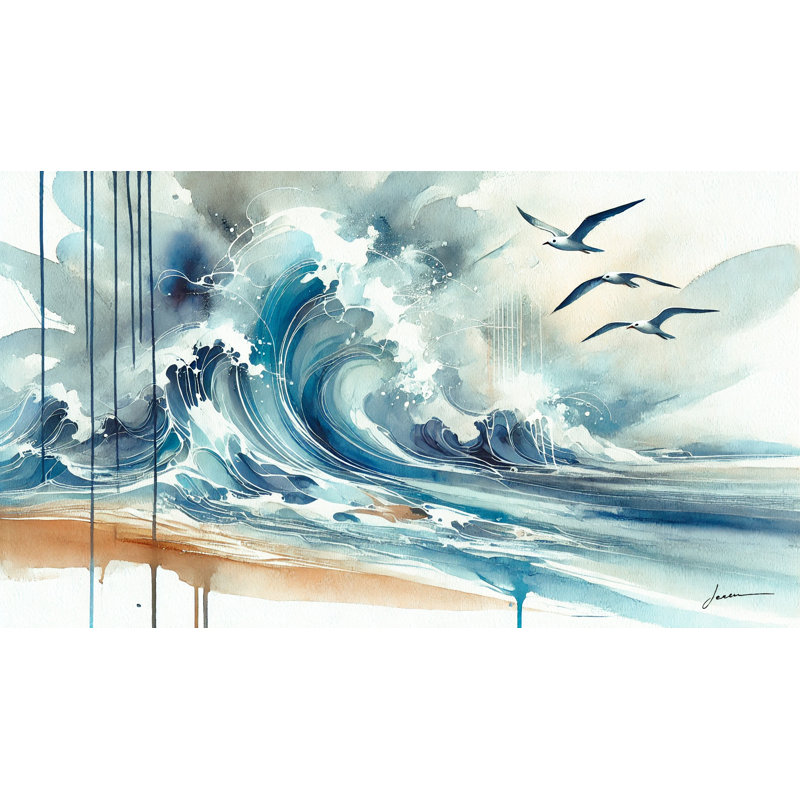 «Majestic Waves and Seagulls», reproduction d'art sur toile, H 24 po x l 42 po