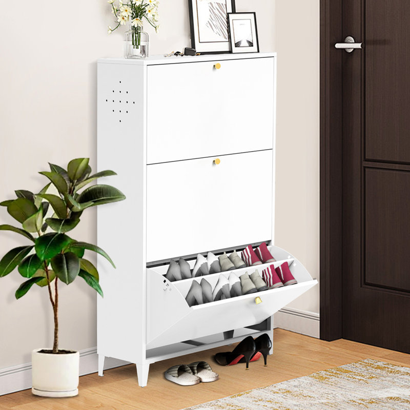 Armoire à chaussures autoportante entièrement en acier, 3 tiroirs, - Armoire de rangement blanche au design économe en espace