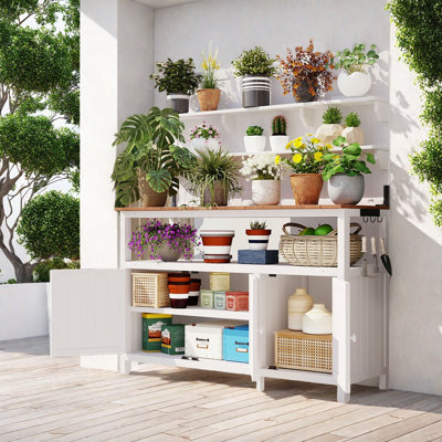 Potting Bench With Hutch, Garden Workstation, 2 Shelves, 2 Cabinets And 3 Side Hooks