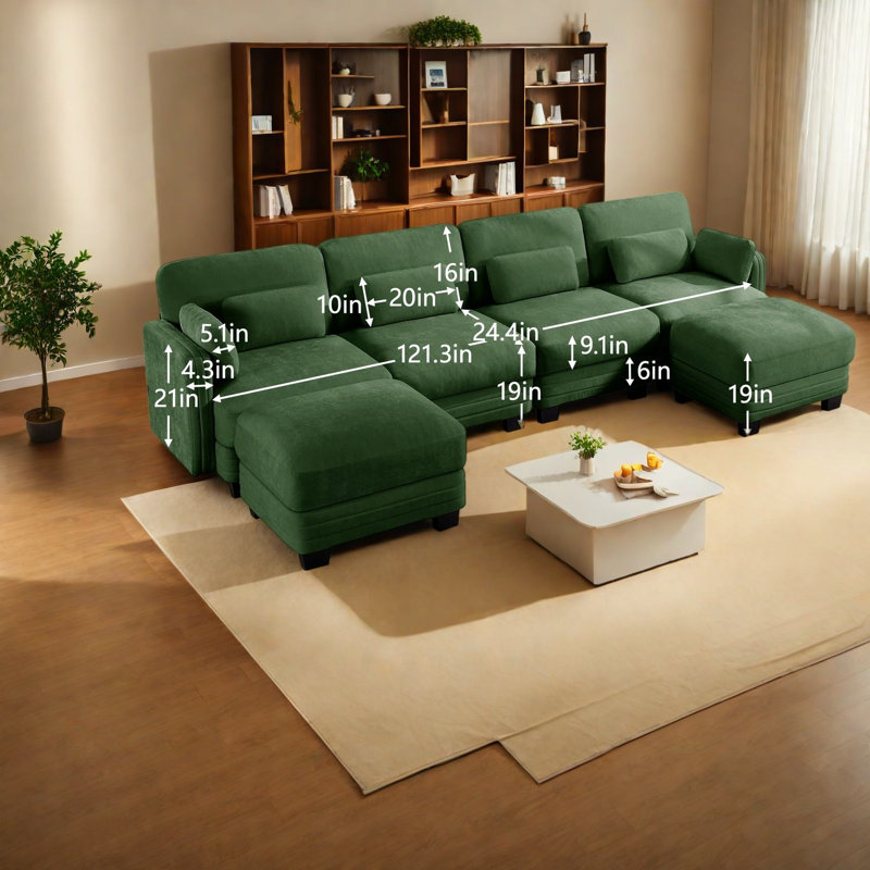 Canapés d'angle modulaires, modèle 4 places en chenille verte en forme de U, avec 2 poufs pour la maison