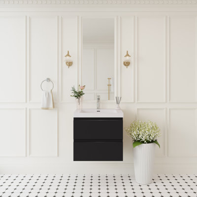 Meuble-lavabo flottant moderne avec lavabo en résine, bois d'ingénierie, conception murale peu encombrante pour un rangement élégant dans la salle de bain