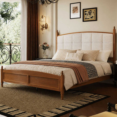 King Size American Farmhouse Curved Upholstered Headboard Bed Frame, Wooden Posts with Finials