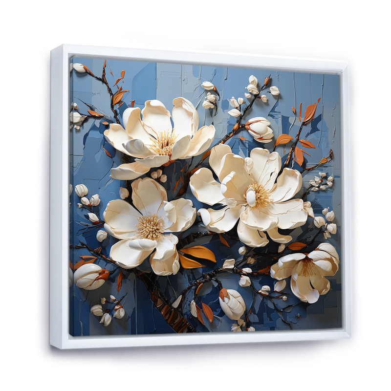 «Magnolia Blooming Elegant III» bleu et blanc sur toile, Cadre flottant blanc, H 30 po x l 30 po x P 1 po