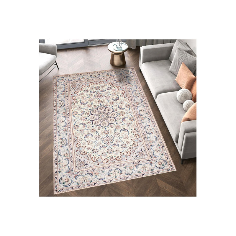 Tapis beige lavable à la machine à motif tissé beige, Rectangle 3 pi 3 po x 4 pi 11 po