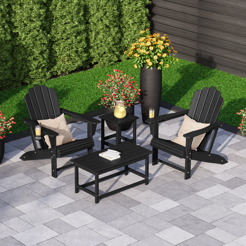 Ensemble de 4 chaises d'extérieur en poly Adirondack avec table d'appoint et table basse, Black