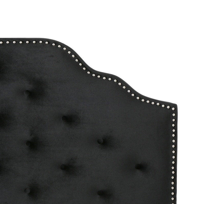 Grande et grande tête de lit - Revêtement en velours avec motif losangé à boutons et garniture cloutée gracieuse, assemblage requis avec surpiqûres de style contemporain, revêtu de velours, noir