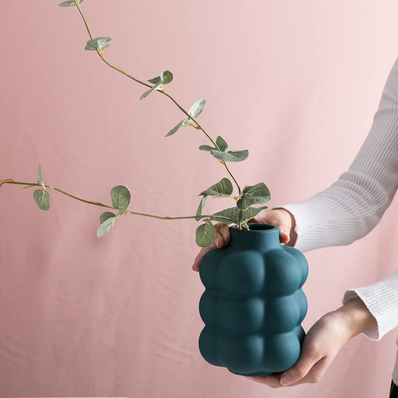 Vase en céramique, vase à fleurs séchées modernes, vase bleu sarcelle à pois surélevés, décoration de la maison Boho, Bleu