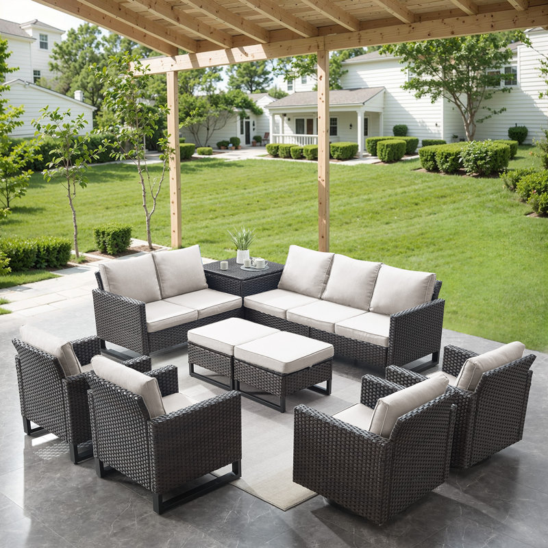 Ingvald 9 - Pieces Outdoor Sectional Seating Group With Wicker Water Resistant Storage Deck Box And Cushions, Beige