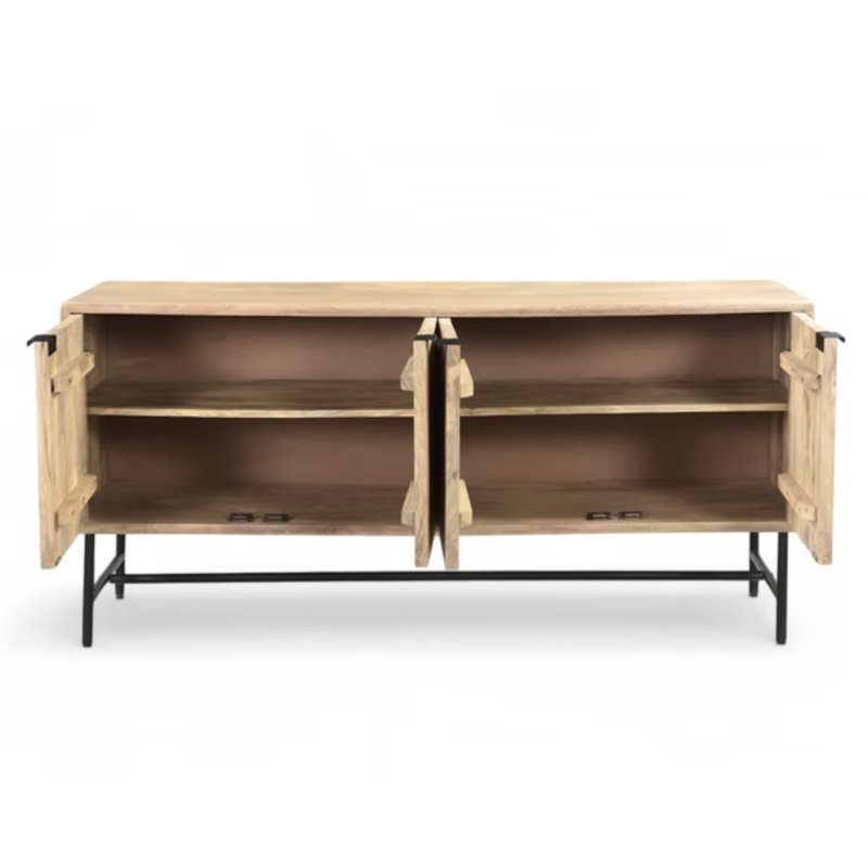Buffet Owen en bois de manguier massif avec portes texturées et pieds en métal noir