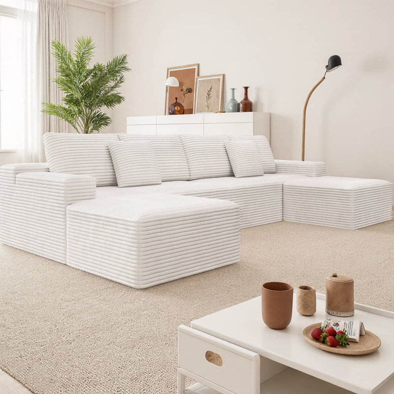 Canapé modulaire Boneless, Velours côtelé blanc