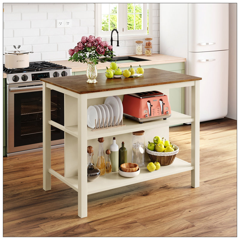 Solid Wood Rustic 3-Piece 45" Stationary Kitchen Island Set With 2 Seatings, Rubber Wood Butcher Block Dining Table Set Prep Table Set With 2 Open Shelves For Small Places,Walnut+Cream White