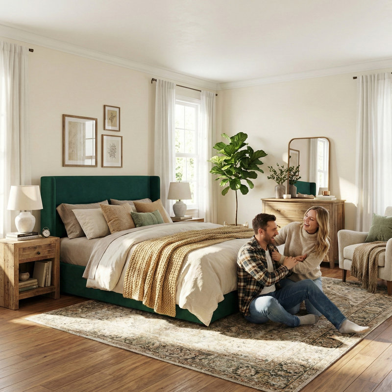 Annek Upholstered Bed Frame with Lift Up Storage, 40.9"H Wingback Headboard, Wood Slats & Metal Frame, Multiple Sizes & Fabric Options Available