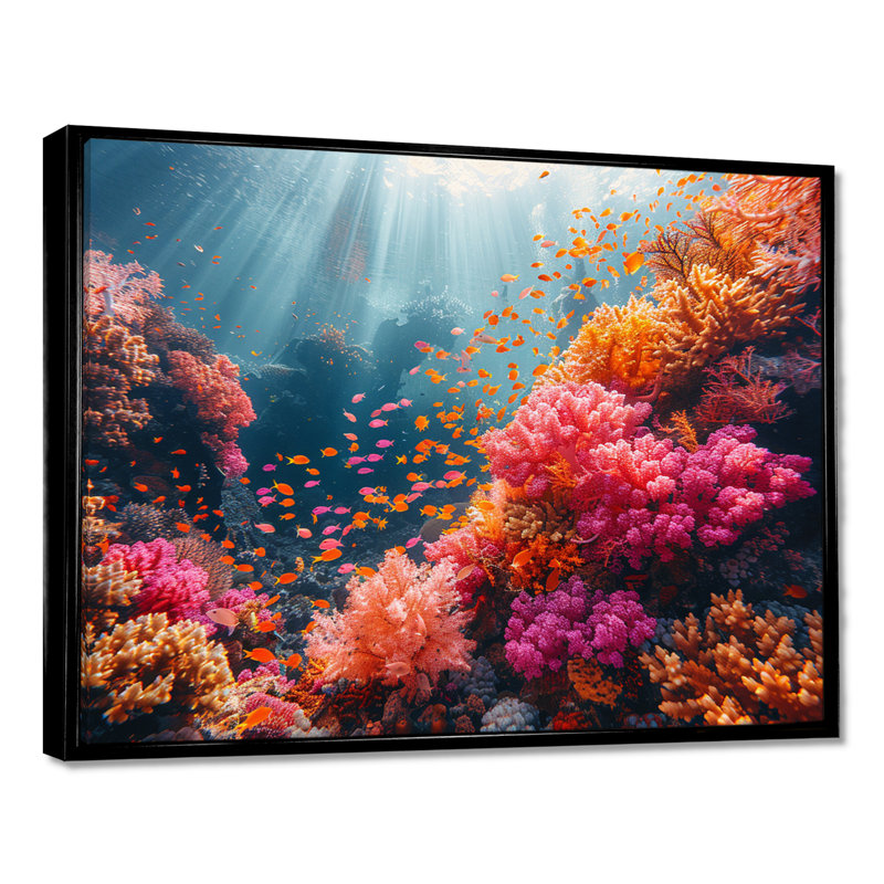 «Little Fishes God Rays Deep Ocean» - art mural corail, Toile avec cadre flottant noir, H 30 po x l 40 po x P 1,5 po