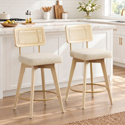 Uniondale Swivel Linen Upholstered 26.2'' Counter Stool with Rattan Cane Back and Solid Wood Frame
