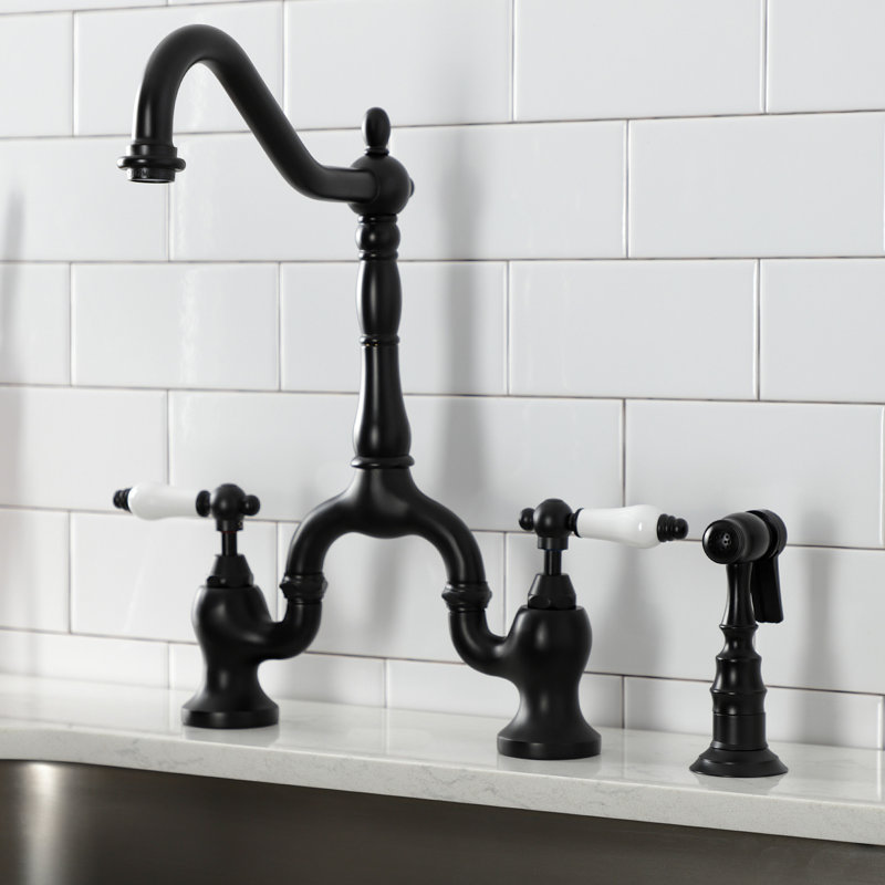 Kingston Brass English Country Two-Handle 3-Hole Deck Mount Bridge Kitchen Faucet with Brass Side Sprayer, Matte Black