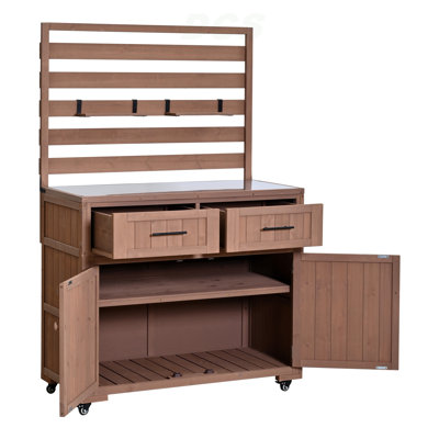 64.9'' H Large Patio Kitchen Island Solid Wood Kitchen Cart, Grill Prep BBQ Table, Garden Potting Bench With Stainless Table Top, 3 Movable Shelves And 2 Drawers,Brown, Kitchen Island