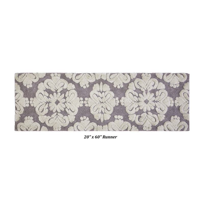 Danitra 100% Cotton 1885 GSM Bath Rug with Non-Slip Latex Backing, Soft Absorbent Machine Washable Bathroom Mat, Medallion Design, 20" x 60" Runner, Gray