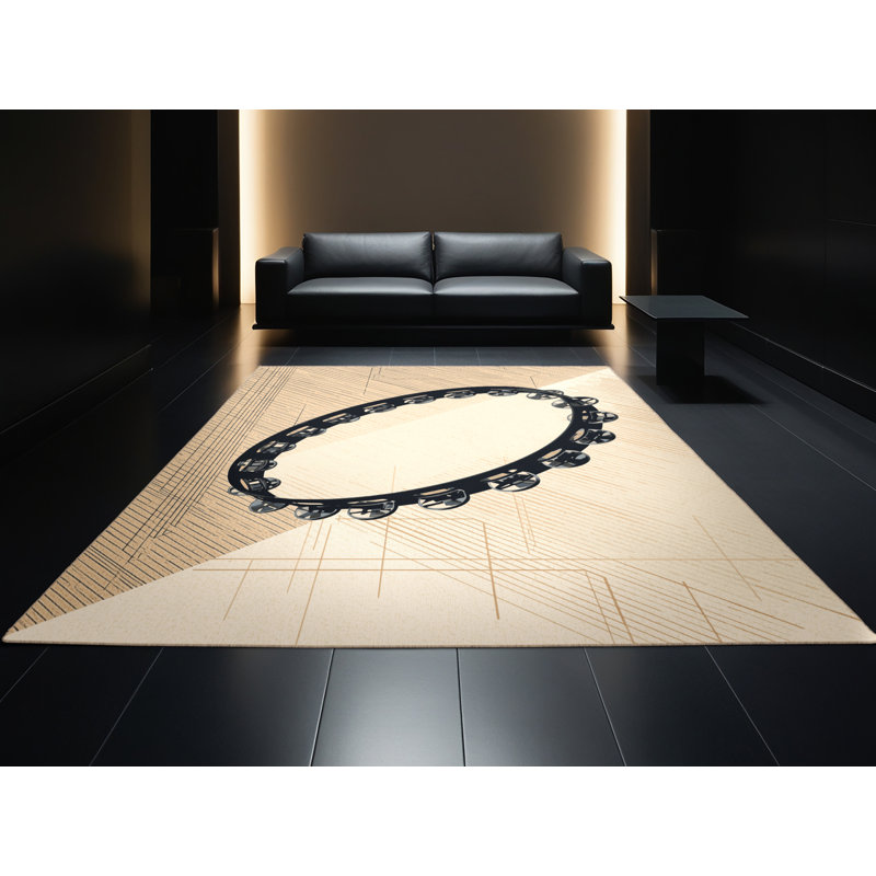 Soft Plush Tenafly Tambourine Modern Geometric Area Rug in Beige – Beige Binding, 6x9