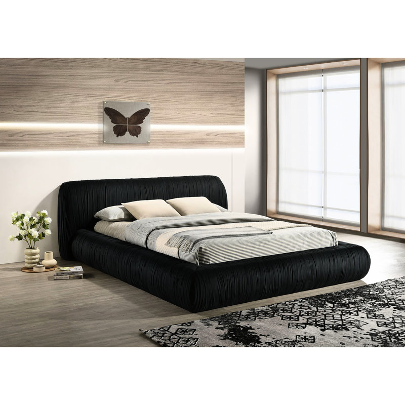 Black Pleated Upholstered Contemporary Engineered Wood Eastern King Platform Bed For Bedroom Elegance With Comfort, Black