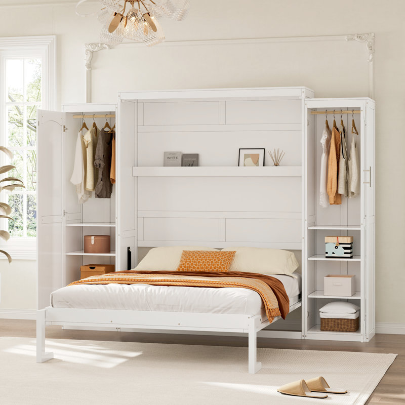 Lit escamotable double avec 2 armoires et tablette de rangement, lit plateforme pliable pour chambre d'amis, blanc