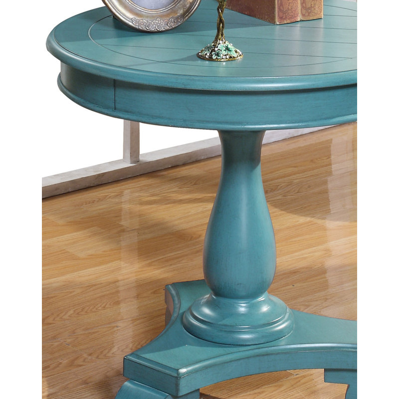 Round Wood Pedestal Side Table, Teal