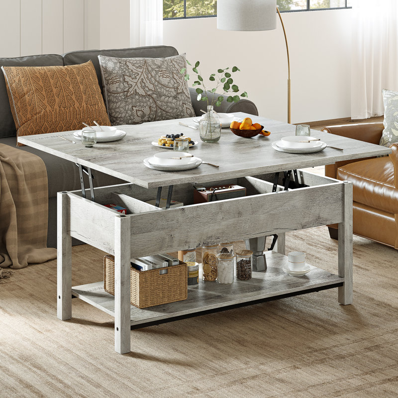 Table basse à plateau relevable multi-fonctions avec rangement Torron 4-en-1, Gris clair