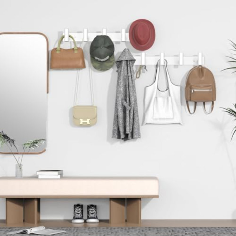 Support mural pour chapeau et manteau - Crochets pour robes, sacs, clés et serviettes - Organisateur de porte-serviettes de salle de bain (blanc, forme de «T», 5 crochets, paquet de 1)