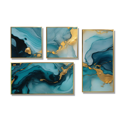 Turquoise doré infusé marbre II - fractales abstraites, art mural 4 pièces