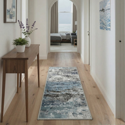 Comeau Aura Modern Abstract Machine Washable Blue / White / Black Indoor Area Rug with Non-Slip Backing