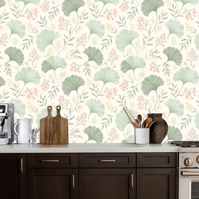 Papier peint adhésif autocollant botanique, fougère verte, feuilles, décorations roses, papier autocollant amovible pour décoration de chambre à coucher, armoires de cuisine 17,7 po x 118 po
