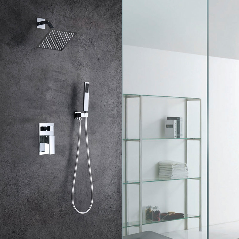 Modern Chrome Complete Shower System with Hand Shower, Wall Mount Concealed Rain Shower Faucet Set with Pressure Balance Valve