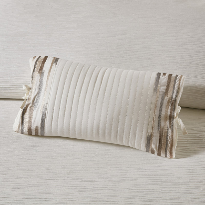 Cream Embroidered Cotton Lumbar Pillow with Bow Ties