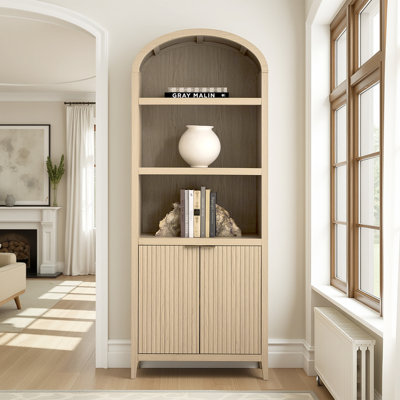 Francisco Modern 76"H Wood Finish Fluted Bookcase with Adjustable Open Shelves and Storage Cabinets