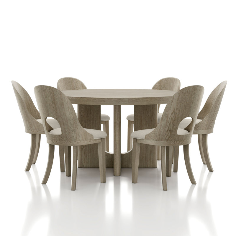 Doloros Bart Round Dining Table Set, White Oak, 7 Pieces: Table, 6 Chairs
