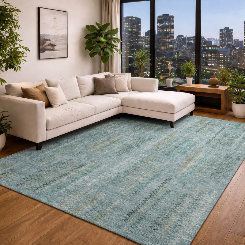 Tapis moderne lavable à la machine intérieur / extérieur ACN2887, Teal, 10' x 14'