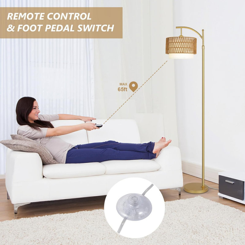 Gold Floor Lamps For Living Room With Remote & Dimmable LED, Modern Arc Lamp With 3 Color Temperatures, Boho Standing Lamp With Rattan & Fabric Shades, Adjustable Tall Lamp