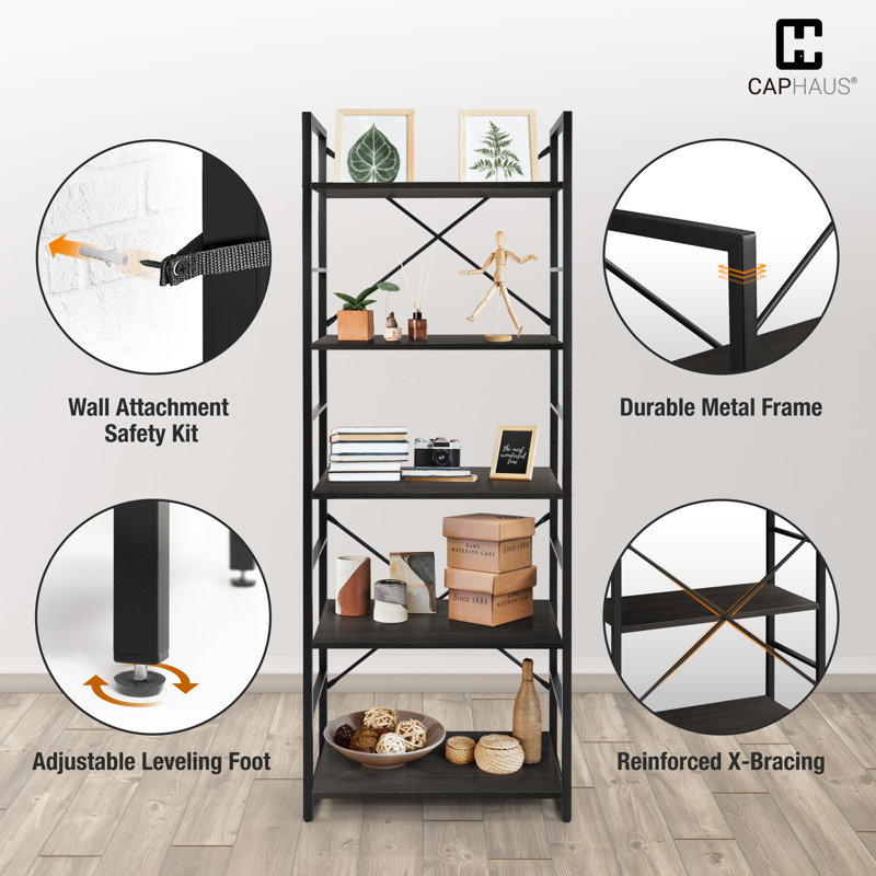 CAPHAUS  Ladder Bookshelf, Bookcase Shelf Storage Rack Organizer, Black/Matte Black