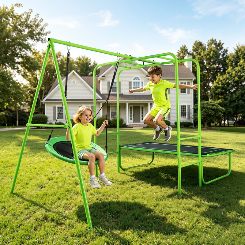 Balançoire 3 en 1 avec trampoline pour enfants, idéale pour les fêtes de jardin et les jeux quotidiens en extérieur. Charge maximale : 100 kg.